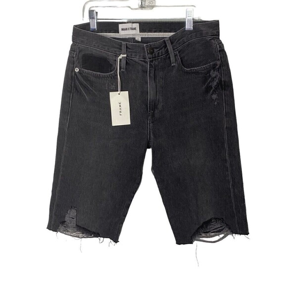 Frame Imaan X Frame Womens Charcoal Gray Mid Rise Denim Ripped Bermuda Shorts 25 - Picture 3 of 14